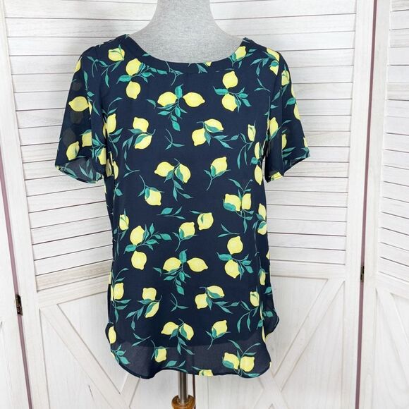 Banana Republic Lemons Print Short Sleeve Chiffon Popover Blouse Shirt Blue XS - Picture 1 of 12